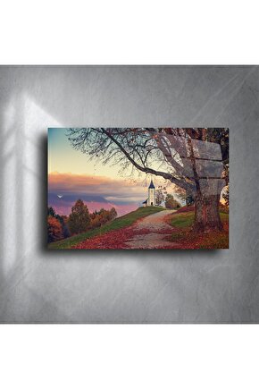 Kırsal Kilise ve Sonbahar Yolu Cam Tablo