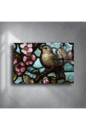 Kuş ve Çiçek Desenli Cam Tablo