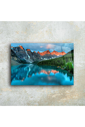 Dağ ve Göl Manzarası Cam Tablo Duvar Dekoru
