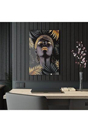 Afrikalı Kadın Siyah Gold Cam Tablo Duvar Dekoru