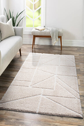 B094 Bej Kolay Kullanım Hav Toz Vermez Yumuşak Dokulu Uzun Tüylü Modern Shaggy Halı