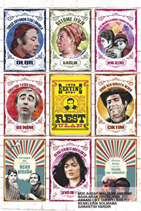 9 Parça Karışık Yazılı Ahşap Tablo Seti yeşilçam türk sineması filmleri ustaları posterleri