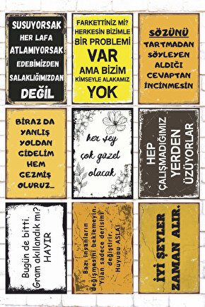 9 Parça Karışık Yazılı Ahşap Tablo Seti biraz da yanlış yoldan gidelim hem gezmiş oluruz