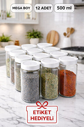 12 Adet  Kapaklı Büyük Boy Cam Baharatlık Seti