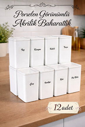 12li 500 ml Vakumlu  Porselen Görünümlü Akrilik Baharatlık - Saklama Kabı Etiket Hediyeli