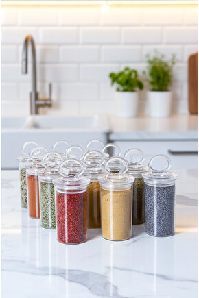 12 Adet Kulplu Ve Vakum Kapaklı Baharatlık Seti (ŞEFFAF BAHARATLIK ETİKETİ HEDİYE)