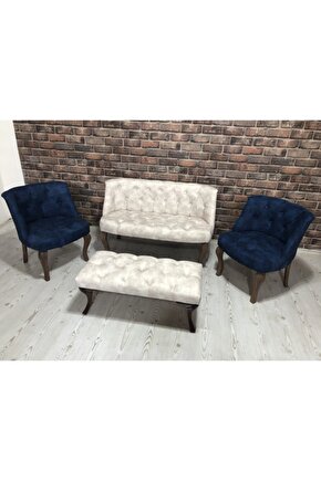 Lacivert Ve Krem Çay Seti Berjer Koltuk Takımı 2+1+1 Koltuk Ve Bench Bank