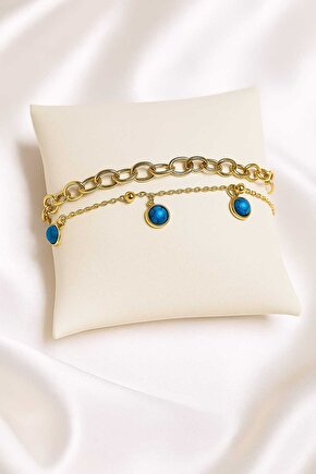 Gold Zincir ve Mavi Taşlı İkili Bileklik