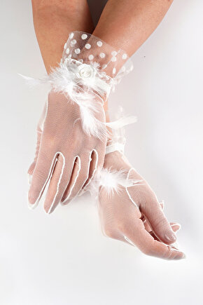 Kırık Beyaz Tüylü Gelin Düğün Davet Balo Parti Eldiveni