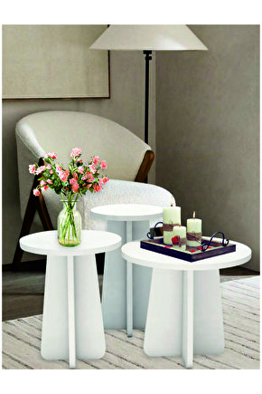 Mantar 3 Lü Zigon Sehpa Iskandinav Stili  BEYAZ