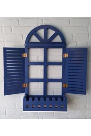Lacivert Dekoratif Ahşap Panjur Çiçeklik Duvar Rafı