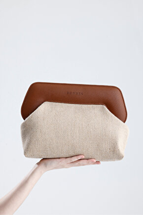 Heybes Kadın Kahverengi Çerçeveli Kendinden Desenli Jüt Clutch El Çantası