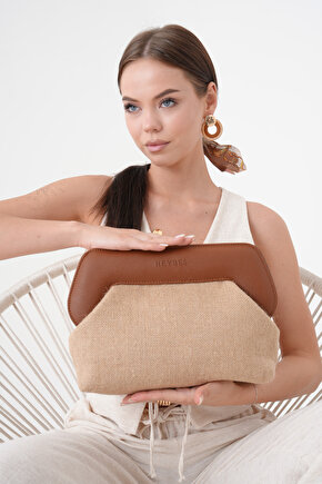 Heybes Kadın Kahve Deri Detaylı Jüt Clutch El Çantası