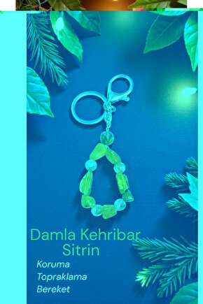 Doğal Taş Damla Kehribar & Sitrin Anahtarlik Bereket Koruma