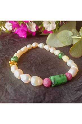 Dogal Taş Yakut İnci ve Yakutlu Rubizoit Bileklik Disil Enerji, Alma Verme Dengesi Kadin Bileklik