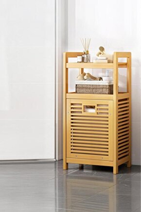 Bambu Dikey Çamaşır Sepeti Raflı Çamaşır Sepeti 40x30x95 Cm