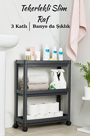 Slim 3 Katlı Tekerlekli Banyo Organizeri - Gri Plastik Raf Düzenleyici