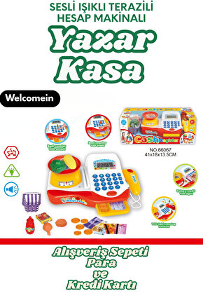 Oyuncak Sesli ve Işıklı Terazili Hesap Makinalı Yazar Kasa Alışveriş Seti YazarKasa (Pil Hediye)