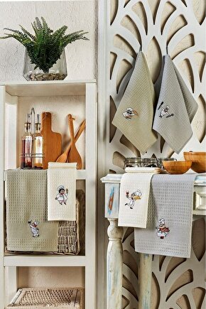 6 Parça %100 Pamuk 40 x 60cm Şef Desenli Mutfak Havlusu Seti Mutfak Kurulama Bezi Seti