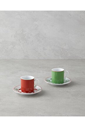 Vivy Porselen 4 Parça 2 Kişilik Kahve Fincan Takımı 80 ml Bordo-Yeşil