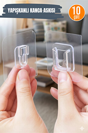 10 Çift Şeffaf Yapışkanlı Kanca Askısı Çift Taraflı Geçmeli Klips Sabitleme Kancası
