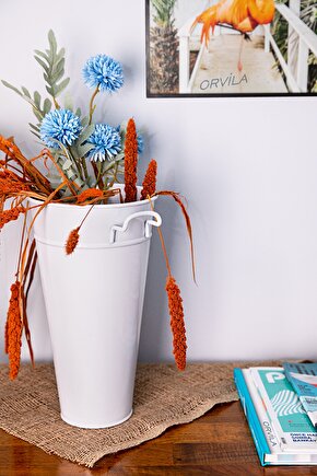 Beyaz Metal Konik Vazo Şemsiyelik Kova Dekoratif Çiçeklik Aranjman Metal Saksı