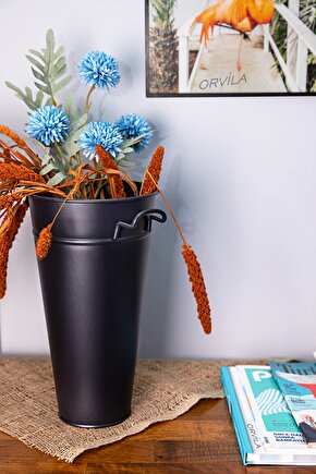 Siyah Metal Konik Vazo Şemsiyelik Kova Dekoratif Çiçeklik Aranjman Metal Saksı