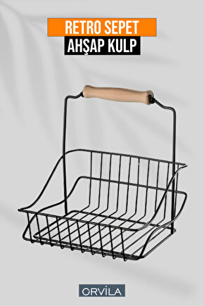 Ahşap Saplı Siyah Metal Mutfak Sepeti 20x20 Cm