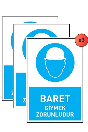 İş Güvenliği 3 Adet Levhası Baret Giymek Zorunludur Uyarı - Işaret Levhası(BANT HEDİYE)