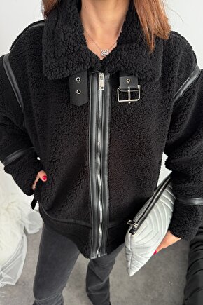 Kadın Deri Detaylı Oversize Peluş Mont - Premium Tasarım Biker Teddy Kaban Ceket