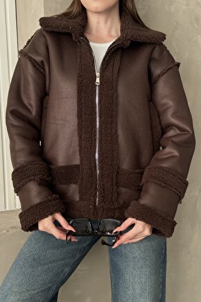 Kadın Kürklü Deri Mont - Oversize Suni Deri Kaban - Shearling İçi Peluş Ceket (Kahverengi  Siyah)