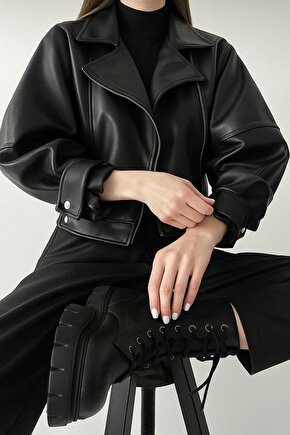 Suni Deri Balon Kol Siyah Biker Ceket