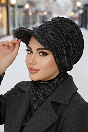Siyah Gri Melanj Tesettür Şapka ve Etol Takım