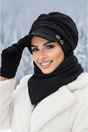 Siyah Büzgülü Tesettür Şapka Ve Etol Takım