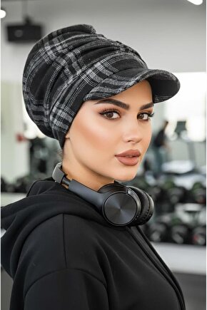 Füme Siyah Ekose Desen Tesettür Şapka