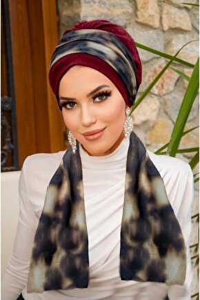 Bordo Kahve Batik Desen Fularlı Bone