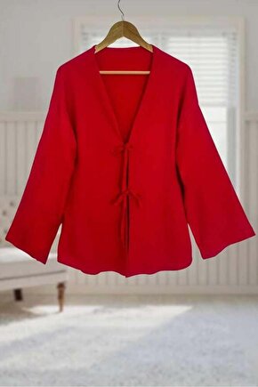 Kırmızı Önü Bağlamalı Kimono Tunik  Likralı Bürümcük Kumaş