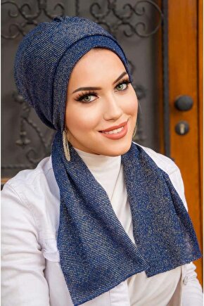 Lacivert Gold Işıltılı Atkılı Tesettür Bone