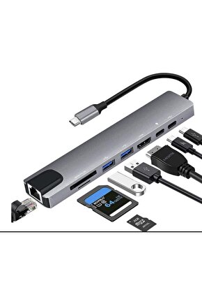 MacBook Pro Air Uyumlu USB Type-C 8in1 Hub Dönüştürücü Çoklayıcı HDMI USB Micro SD Girişli