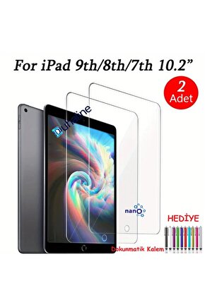 2 ADET iPad 9. ve 8. Nesil 10.2 Tam Uyumlu Ekran Koruyucu Şeffaf Cam Nano HD Esnek Kırılmaz + Kalem