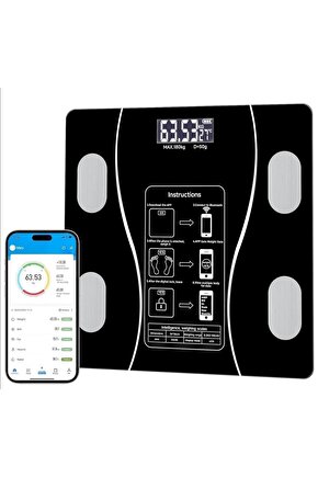 Dijital Baskül Yağ Su Kas Vücut Kitle Endeksi Kilo Ölçer Tartı Bluetooth lu