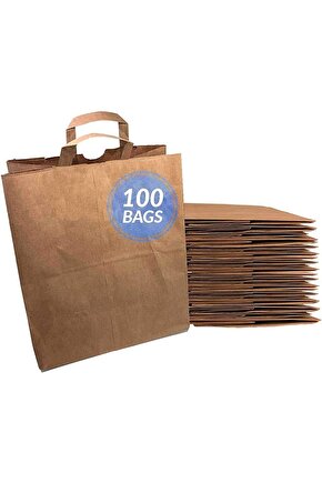 Kraft Kâğıt Poşet (33x20x33 Cm) Düz Flat Saplı Kâğıt Torba (100 Adet) Kâğıt Çanta