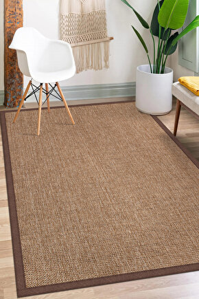 0604-Kahve Kumaş Bordür Sisal Jut Halı Kilim Hav Toz Vermez Kolay Temizlenen Hasır Kilim
