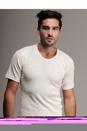 Erkek Kısa Kollu Sıfır Yaka Ekru Saf Yün Üst