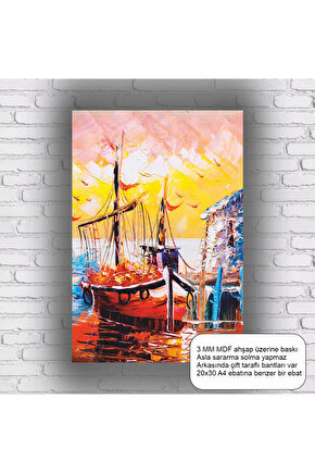 denizdeki balıkçı teknesi martılar yağlıboya sanatsal estetik mdf tablo ahşap poster