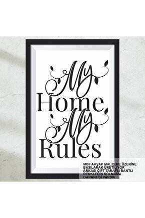 benim evim benim kurallarım ev aile sözleri dekorasyon çerçeve görünümlü ahşap poster tablo