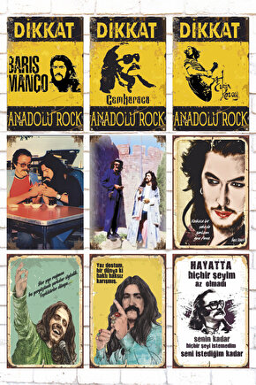 9 Parça Karışık Ahşap Tablo Seti anadolu rock müzik ustaları retro ahşap poster seti