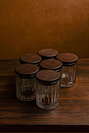 Laura Lotus- 6lı Vakumlu Ahşap Kapaklı Cam Baharatlık Takımı Saklama Kabı Seti 210 ml