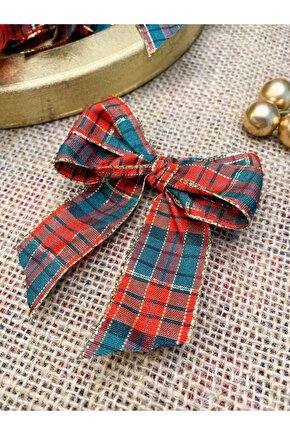 10lu Ekose Desenli Kenarları Altın Detaylı Fiyonk Yılbaşı Christmas