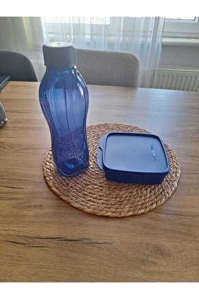 Bölmeli Beslenme Kutusu 550ml ve 1 lt eco şişe Gece Mavisi